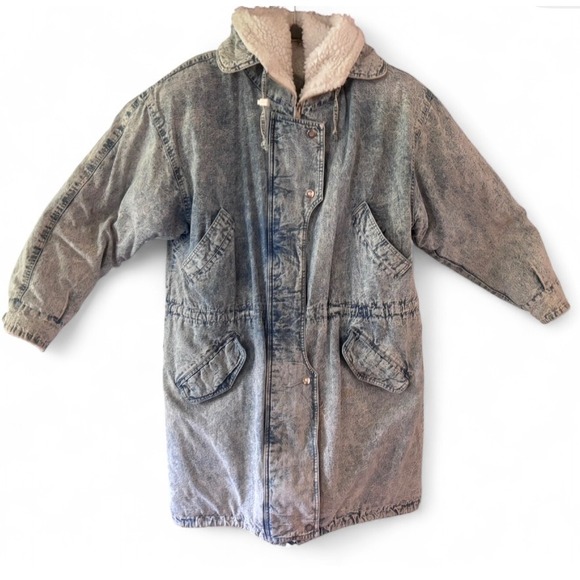 Vintage 80s/90s Andy Johns Acid Wash Sherpa Lined Hooded Denim Parka – Size L - Picture 1 of 15
